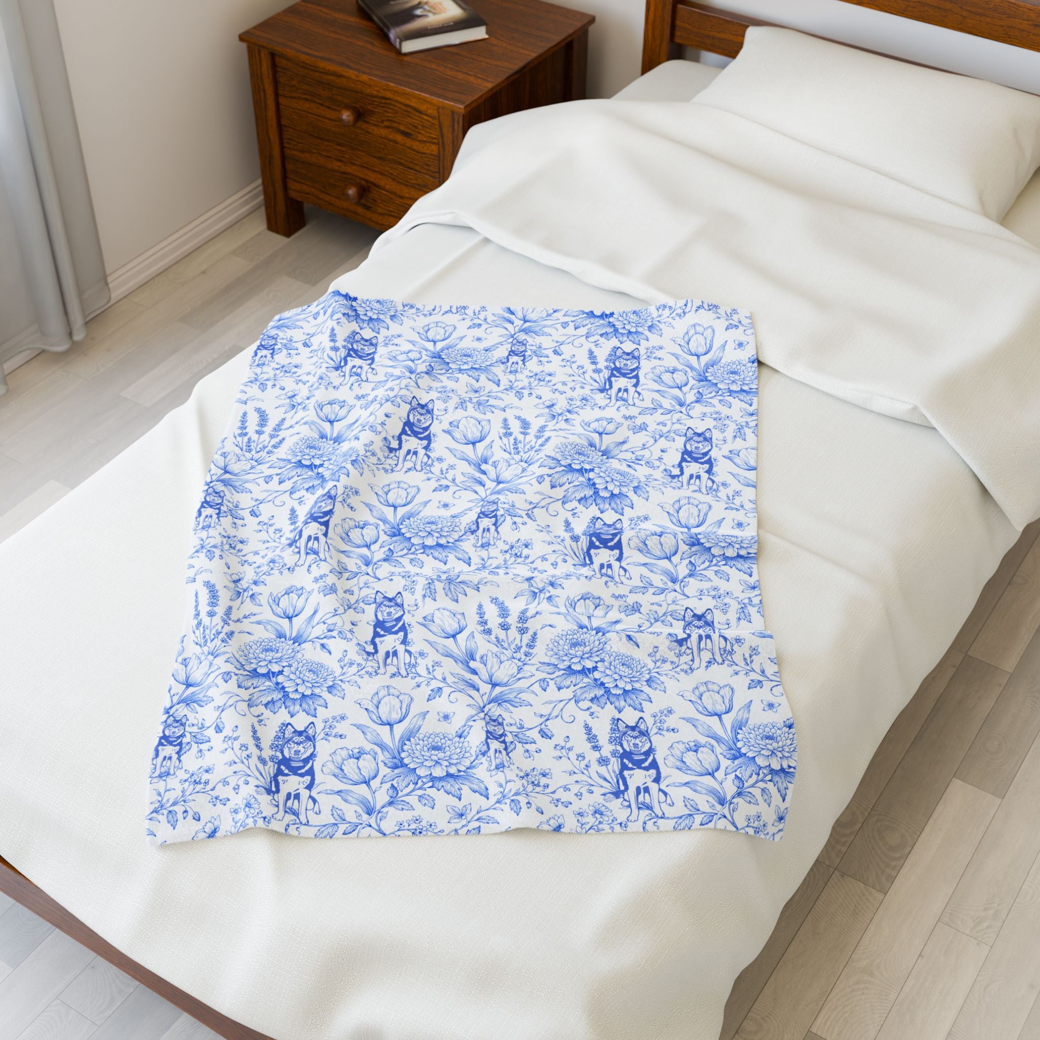 Blue Floral Husky Velveteen Plush Blanket | French Toile Dog Pattern