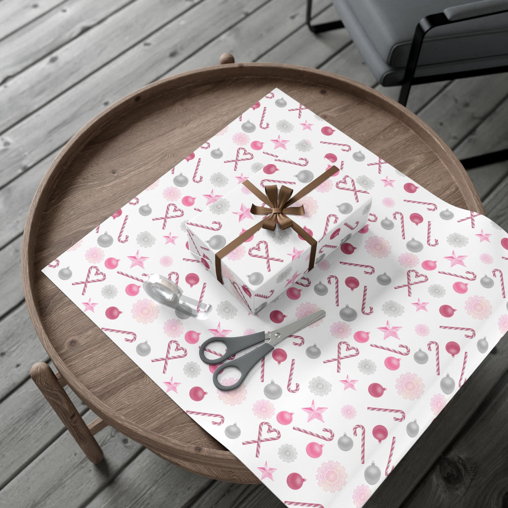 Shimmery White and Pink Christmas Wrapping Paper in Satin or Matte
