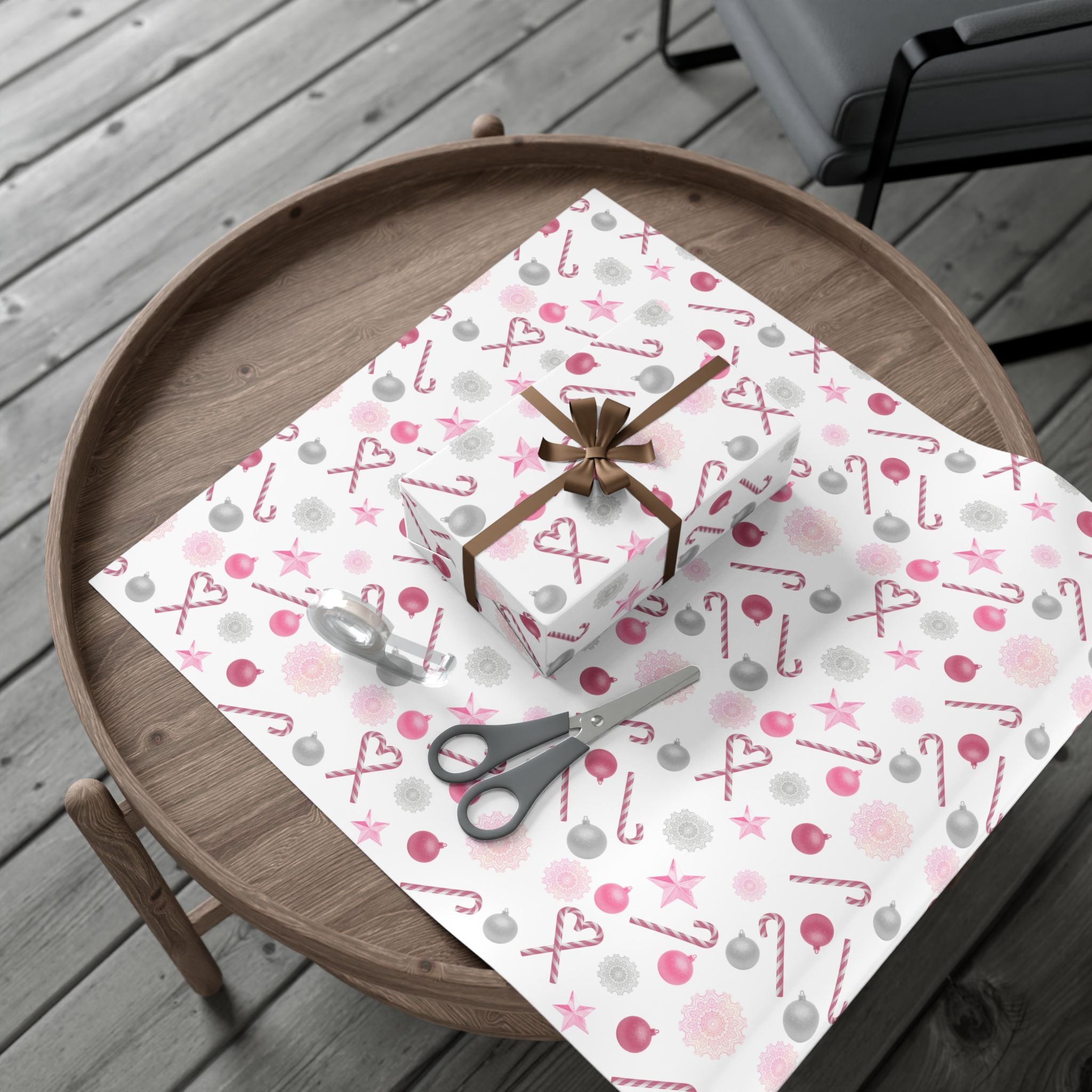 Shimmery White and Pink Christmas Wrapping Paper in Satin or Matte