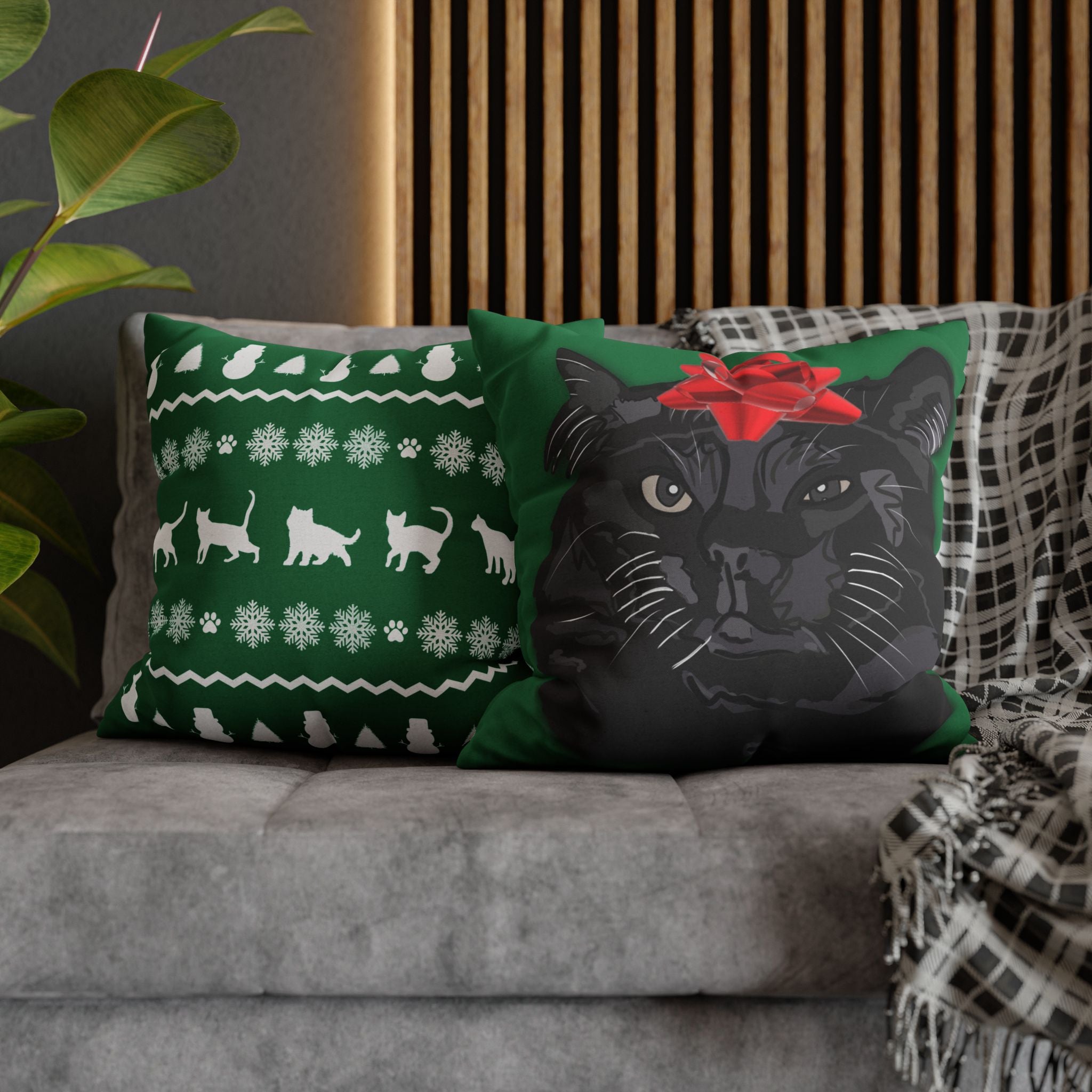 Black Cat with Red Bow Pillowcase - Green Background | Spun Polyester Square Pillowcase