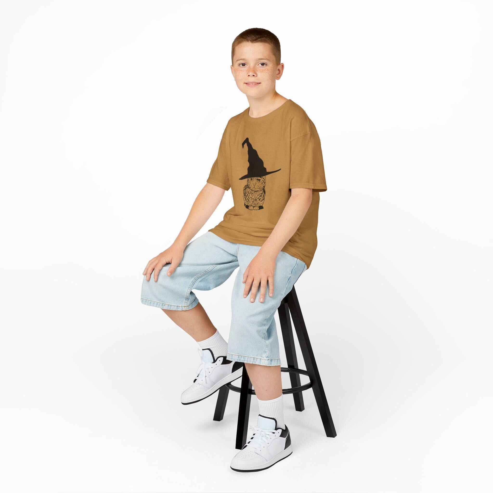 Cat Wearing a Witch or Wizard Hat Halloween Kids Tee