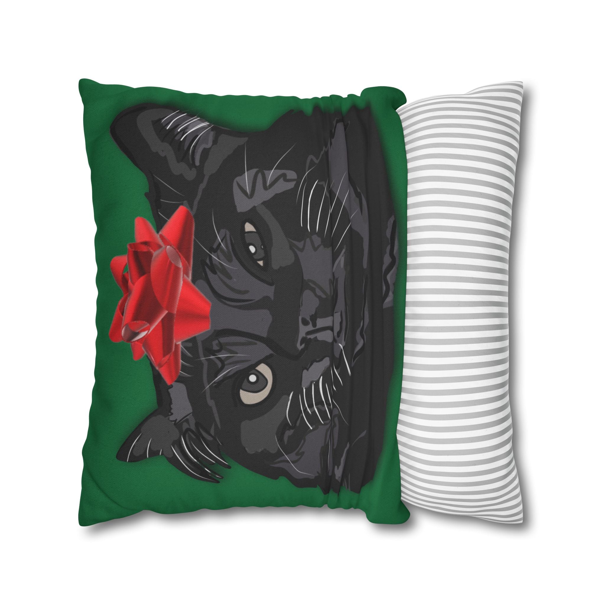 Black Cat with Red Bow Pillowcase - Green Background | Spun Polyester Square Pillowcase