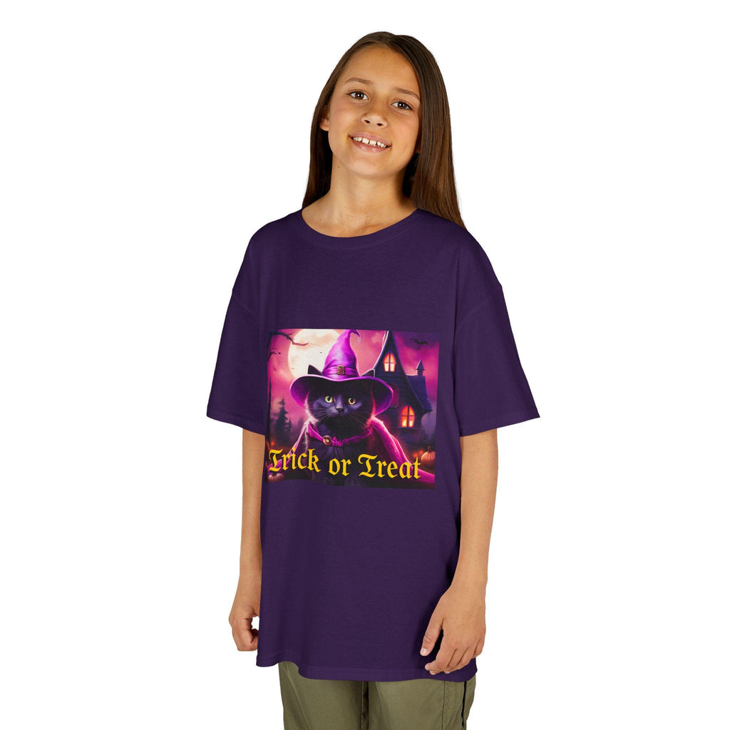 Kids Halloween Tee with Black Cat "Trick or Treat" Design for Spooky Fun