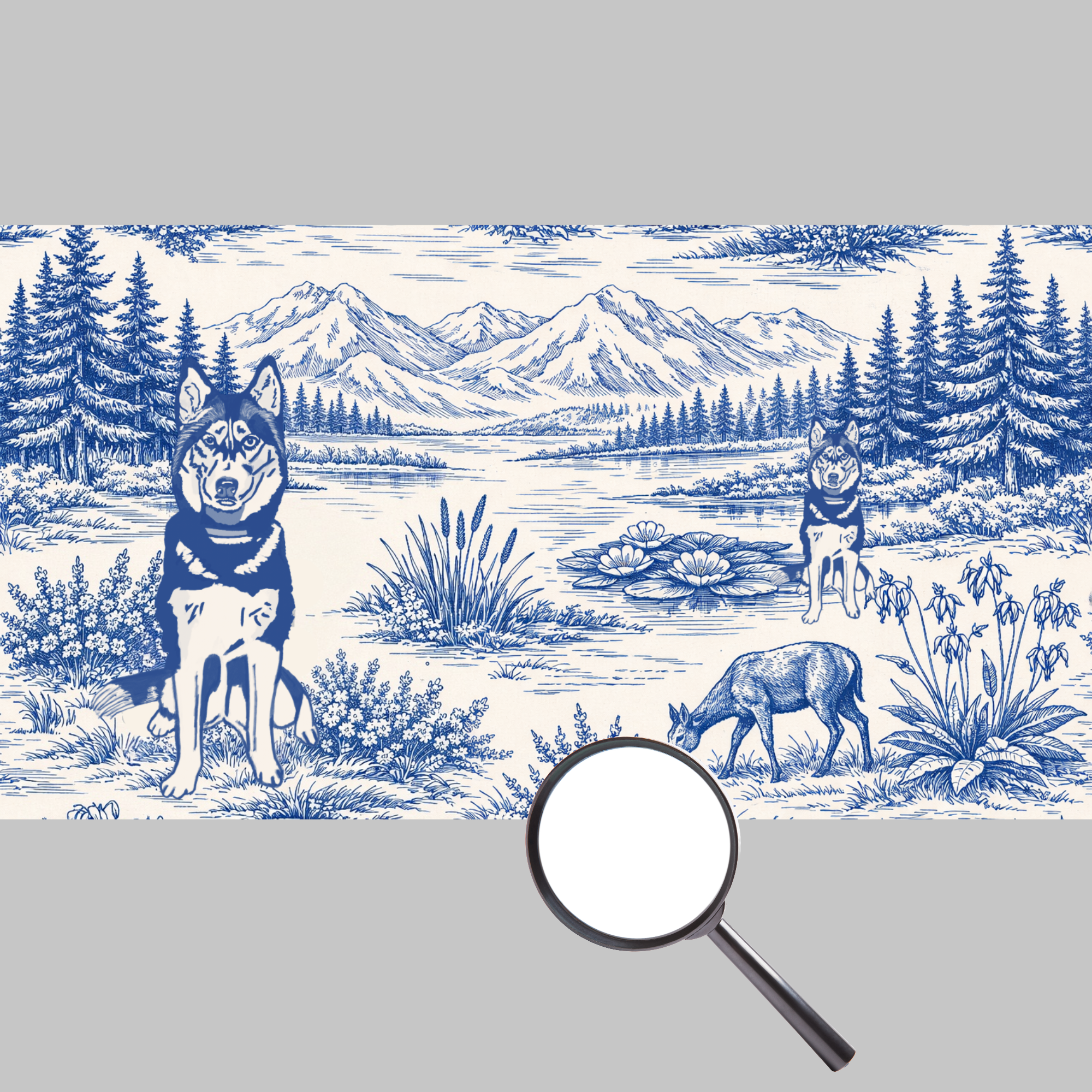 Husky Toile Wilderness Landscape Blanket | Blue Scenic Velveteen Plush Blanket