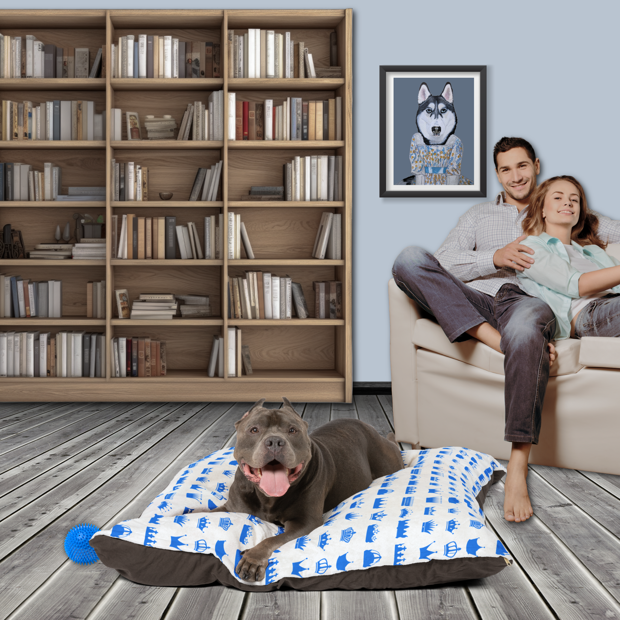 Royal Crown Pet Bed – Blue Plush Dog/Cat Cushion