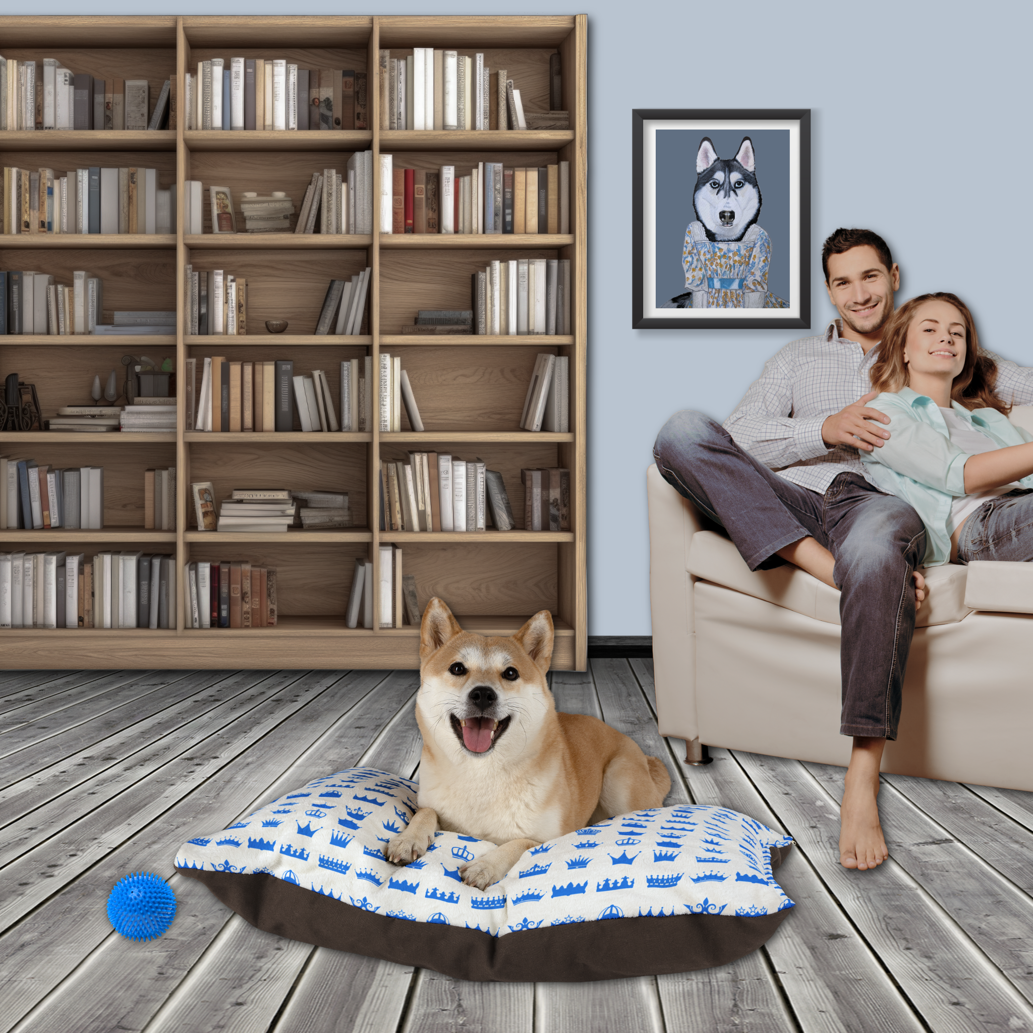 Royal Crown Pet Bed – Blue Plush Dog/Cat Cushion