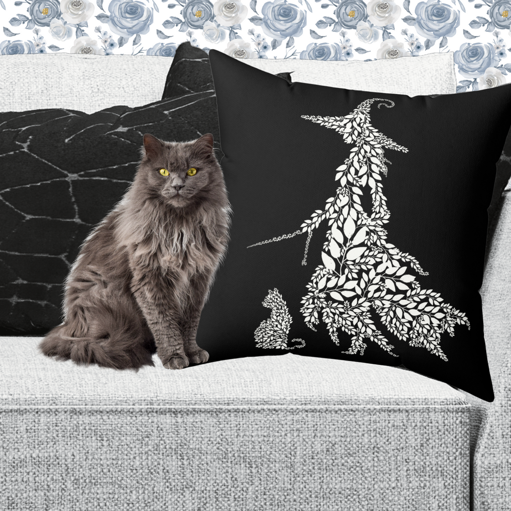 Botanical Witch & Cat Pillow: Black and White Faux Suede Decor
