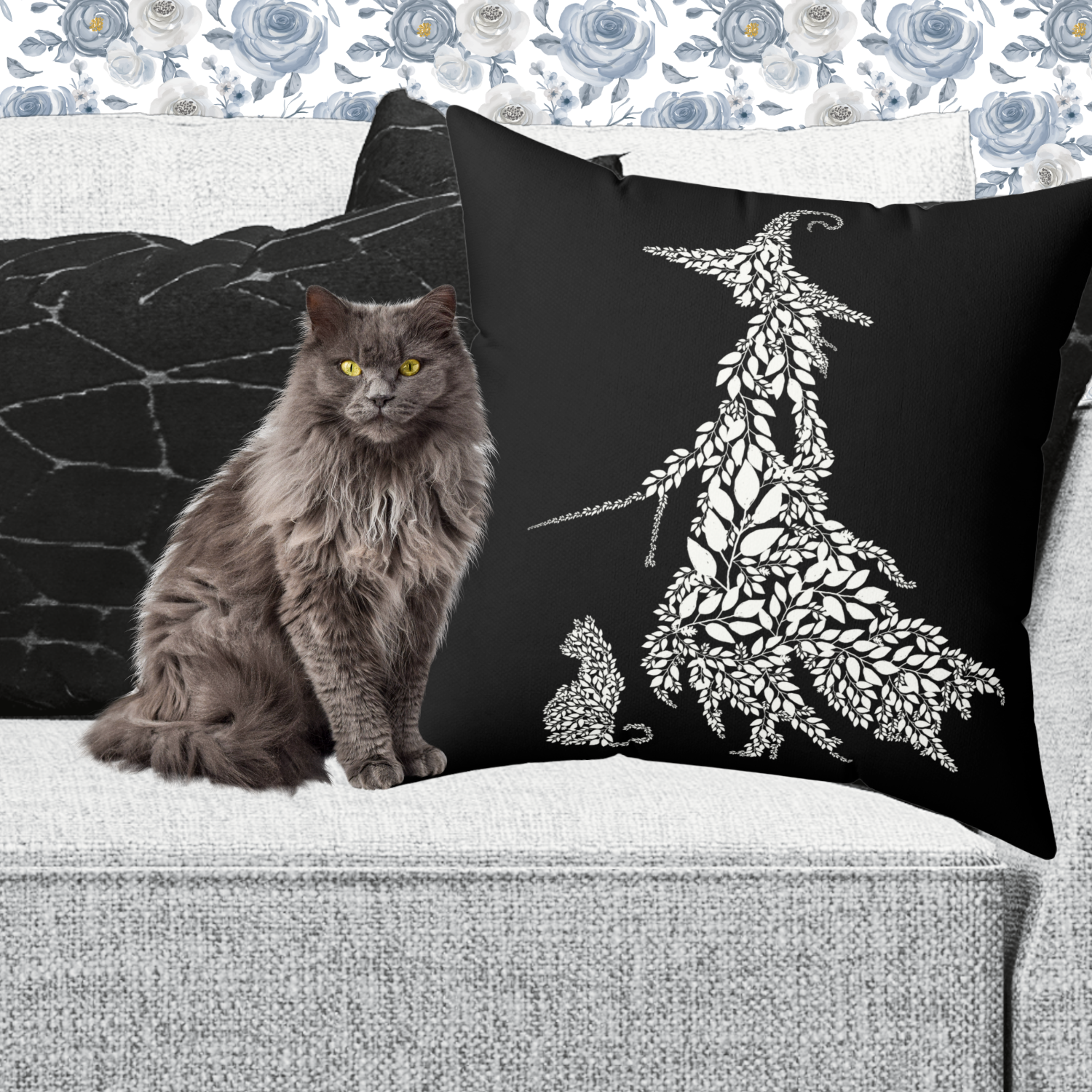 Botanical Witch & Cat Pillow: Black and White Faux Suede Decor