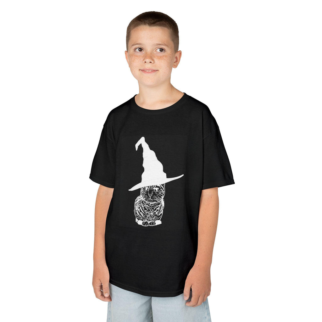 Cat Wearing a Witch or Wizard Hat Halloween Kids Tee