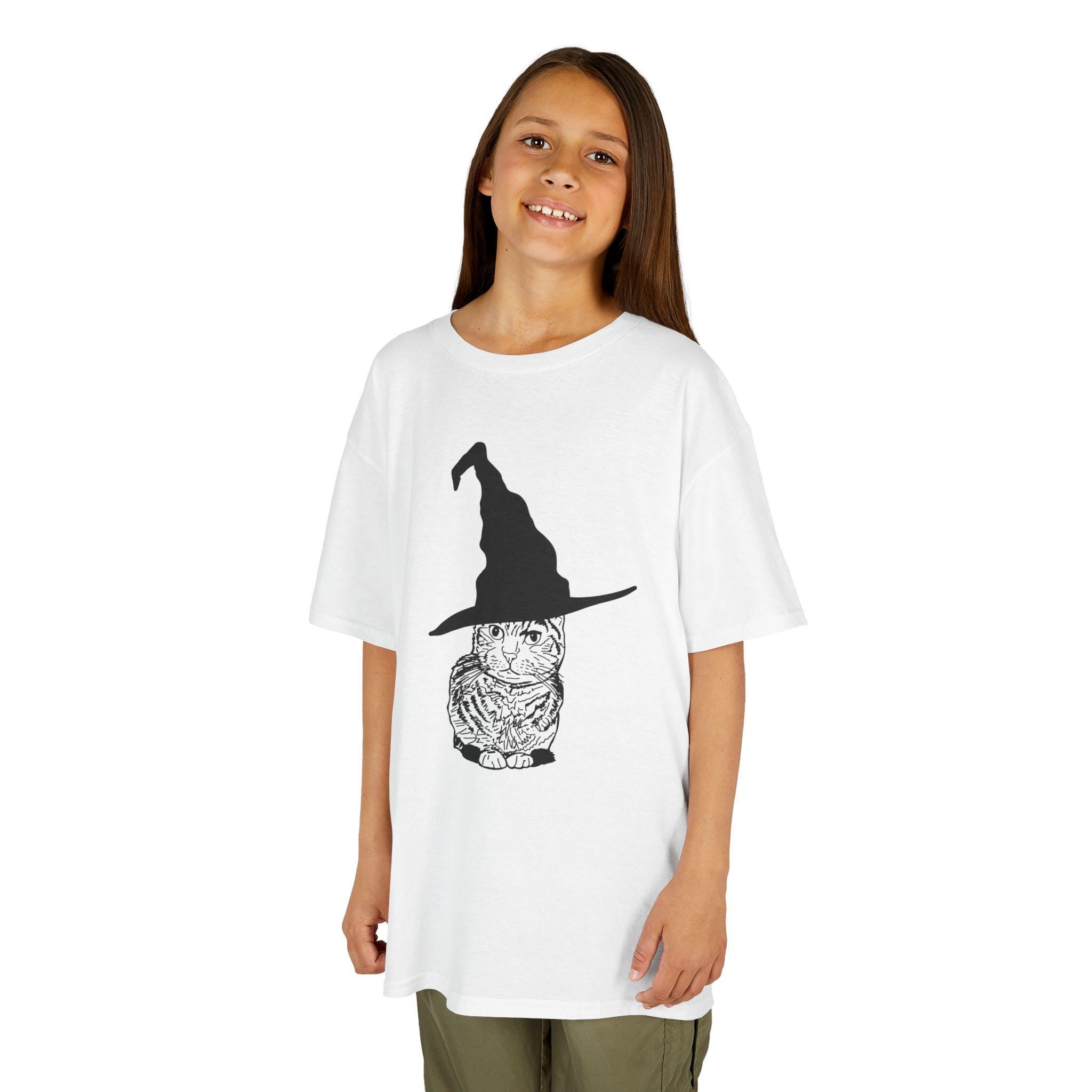 Cat Wearing a Witch or Wizard Hat Halloween Kids Tee