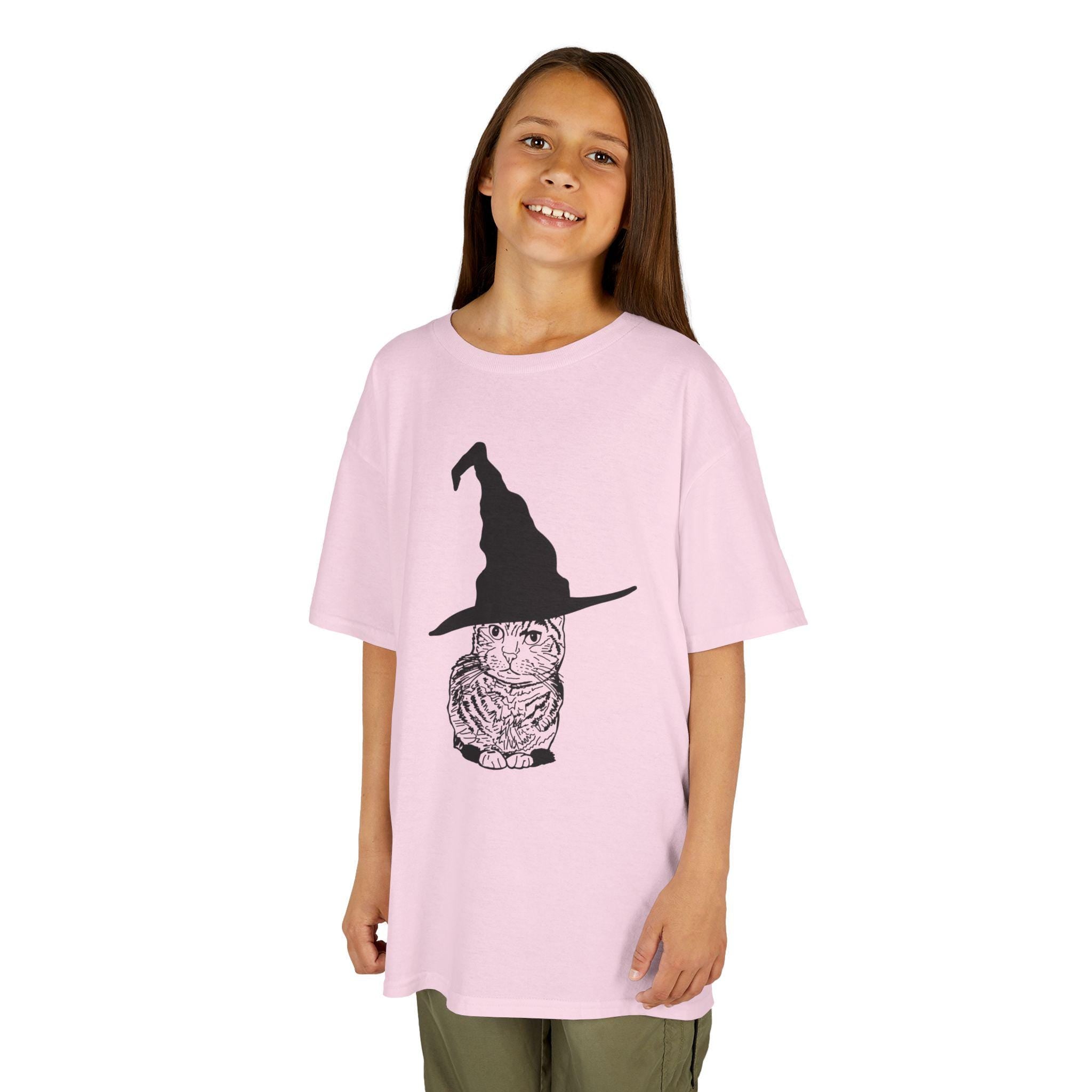 Cat Wearing a Witch or Wizard Hat Halloween Kids Tee