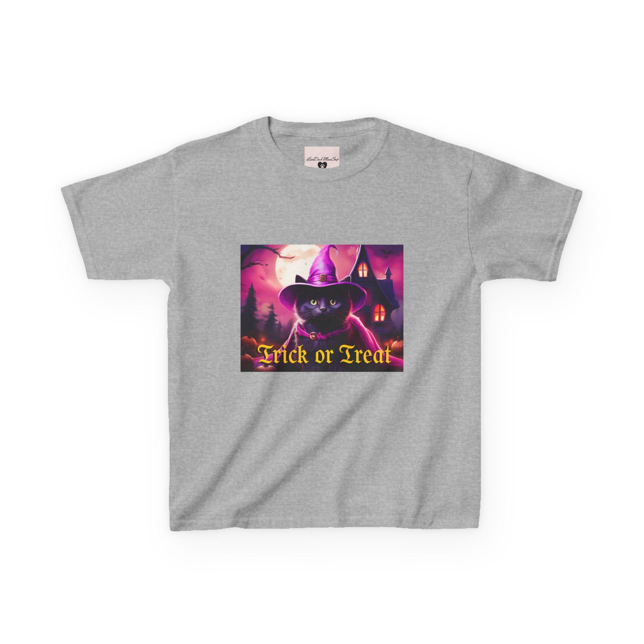 Kids Halloween Tee with Black Cat "Trick or Treat" Design for Spooky Fun